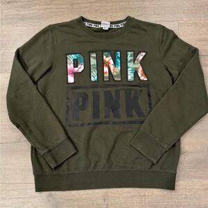 Victoria’s Secret Pink Tropical Floral Crewneck Sweatshirt Olive Green Y2K